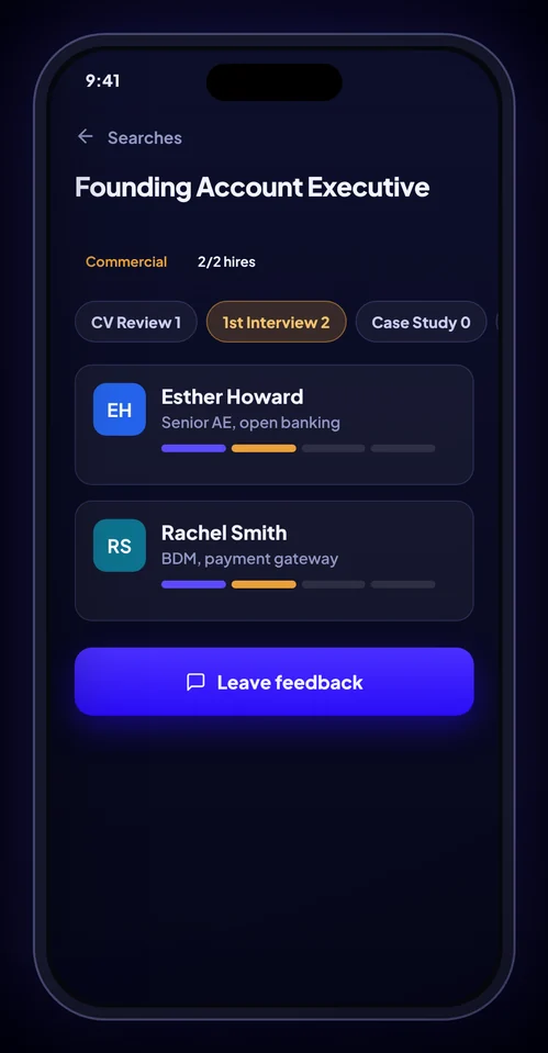 A live search in the FinPay client portal on a phone, with two candidates at first interview